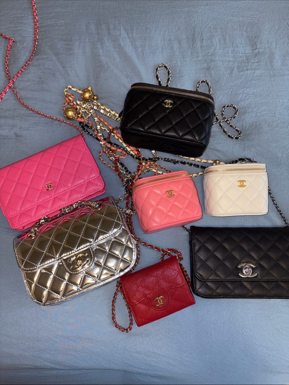 CHANEL Quilted Crossbody Mini Bags in Pink, Silver, Red, Black, Coral & Cream